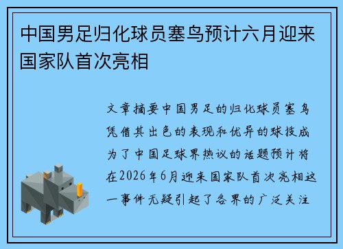 中国男足归化球员塞鸟预计六月迎来国家队首次亮相