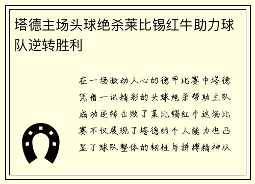 塔德主场头球绝杀莱比锡红牛助力球队逆转胜利